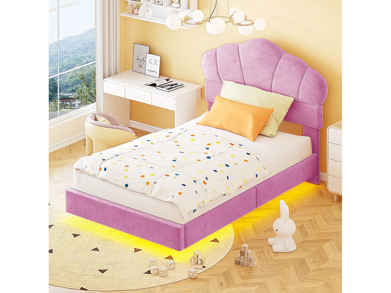 Cama infantil 90x200 cm rosa, cama individual de terciopelo con LED, cabecero en forma de nube, sin colchón