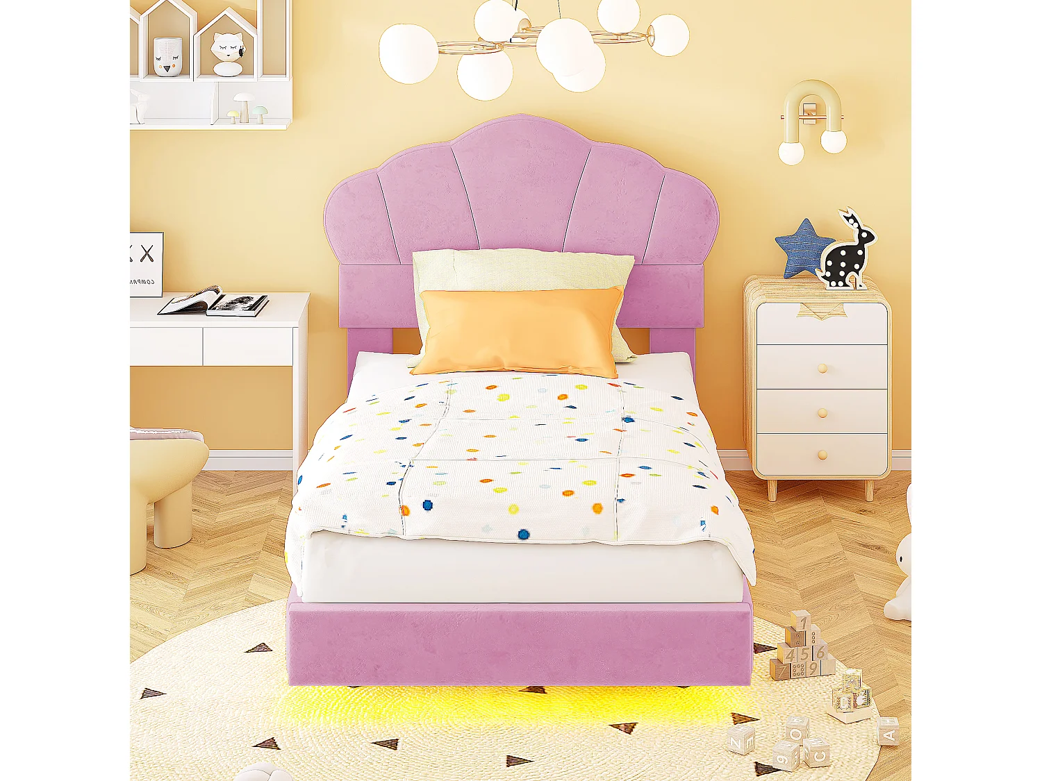 Cama infantil 90x200 cm rosa, cama individual de terciopelo con LED, cabecero en forma de nube, sin colchón