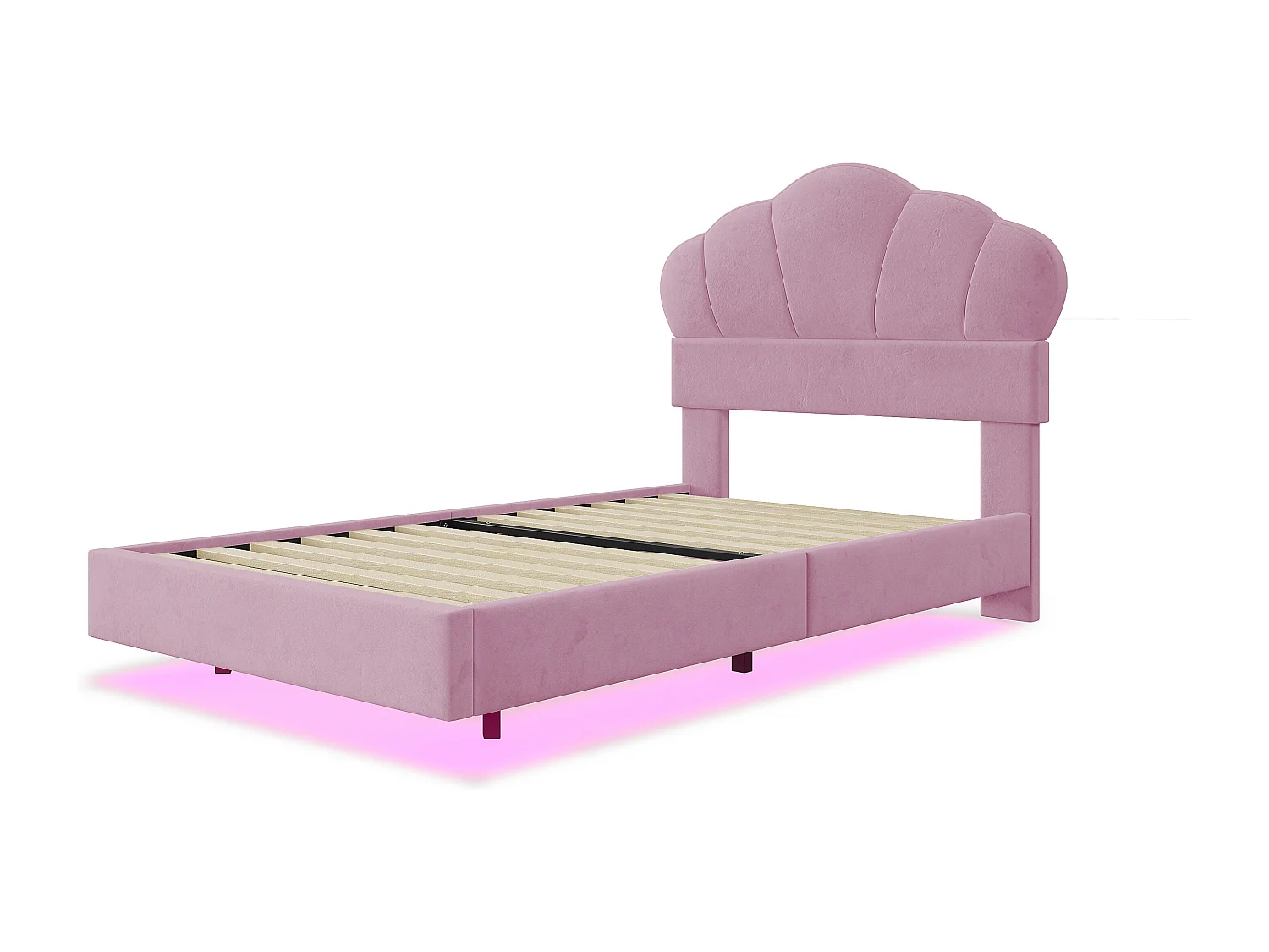 Cama infantil 90x200 cm rosa, cama individual de terciopelo con LED, cabecero en forma de nube, sin colchón