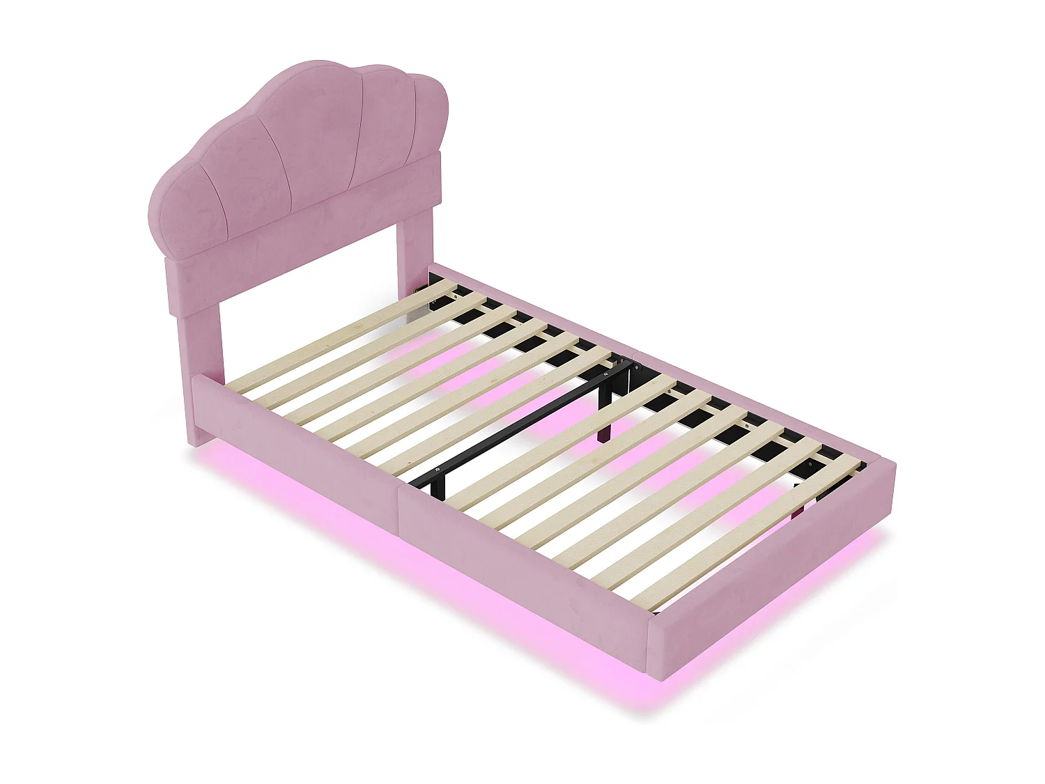 Cama infantil 90x200 cm rosa, cama individual de terciopelo con LED, cabecero en forma de nube, sin colchón