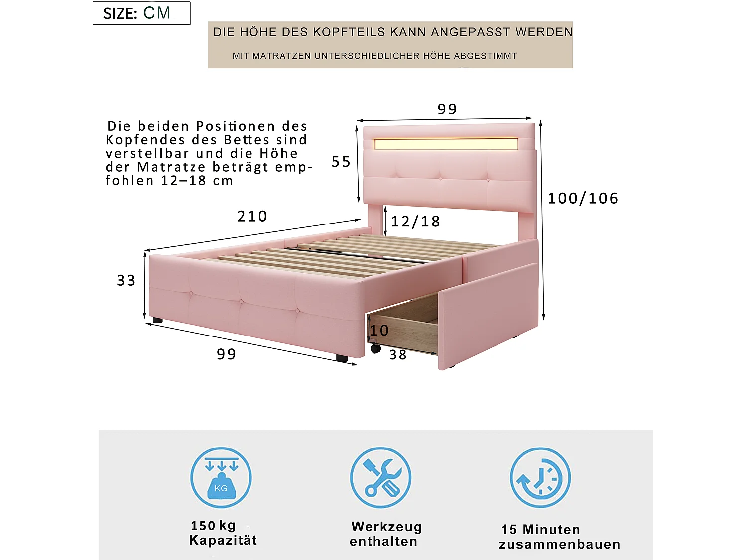 Lit simple 90x200 cm - Lit ado avec éclairage LED - 2 tiroirs de rangement - lin rose