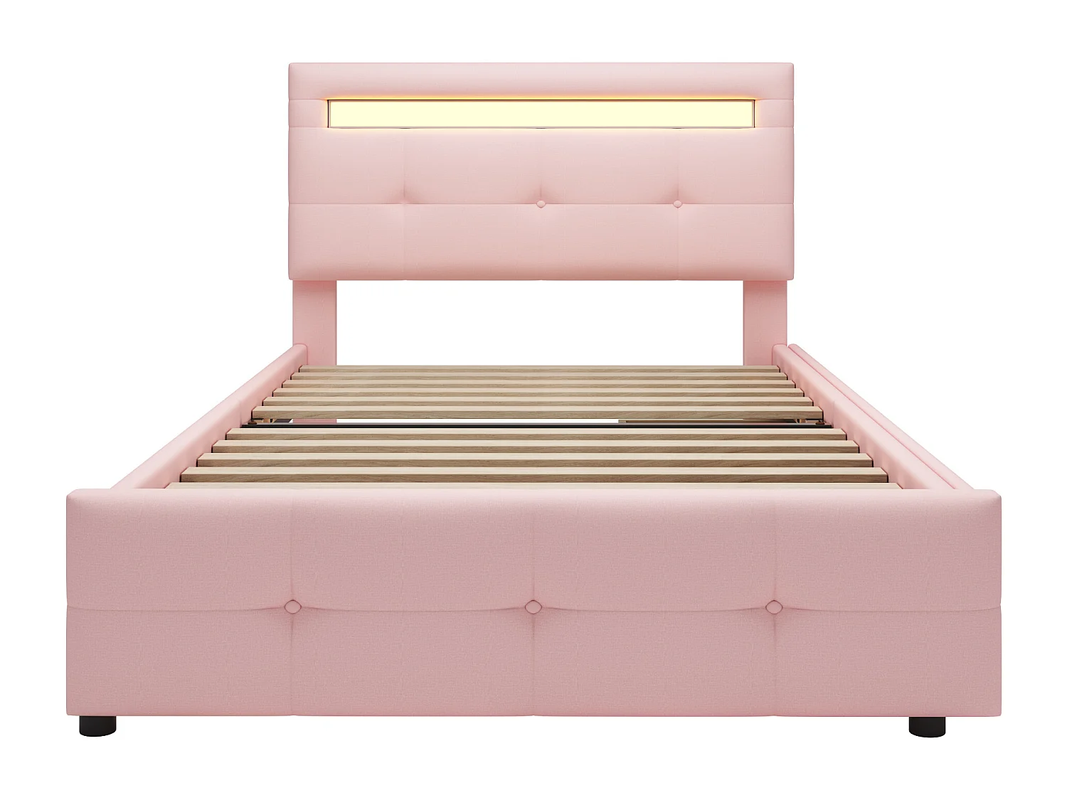 Lit simple 90x200 cm - Lit ado avec éclairage LED - 2 tiroirs de rangement - lin rose