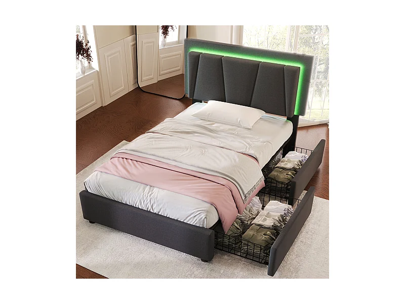 Lit simple 90x200 cm - Lit adulte avec 2 tiroirs et tête de lit réglable - Éclairage LED - gris