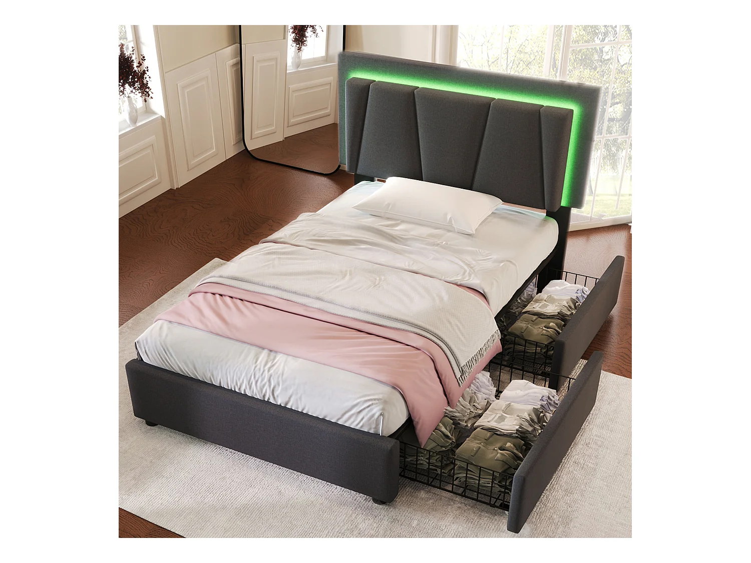 Lit simple 90x200 cm - Lit adulte avec 2 tiroirs et tête de lit réglable - Éclairage LED - gris