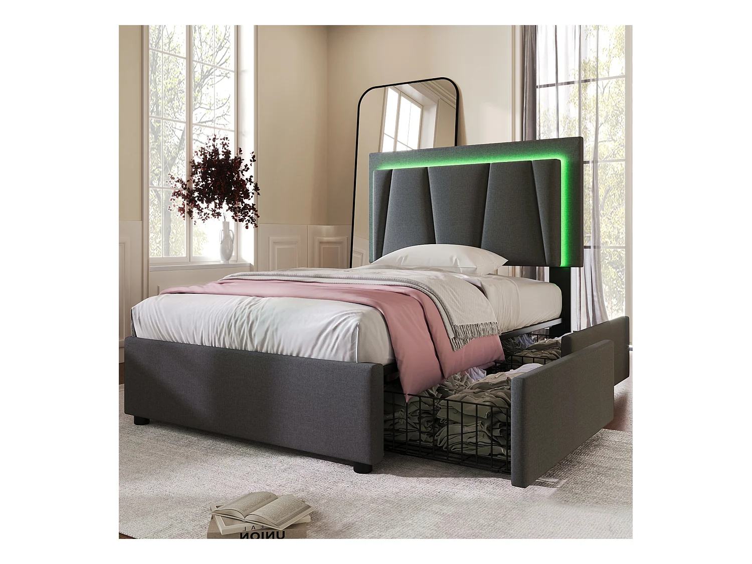 Lit simple 90x200 cm - Lit adulte avec 2 tiroirs et tête de lit réglable - Éclairage LED - gris