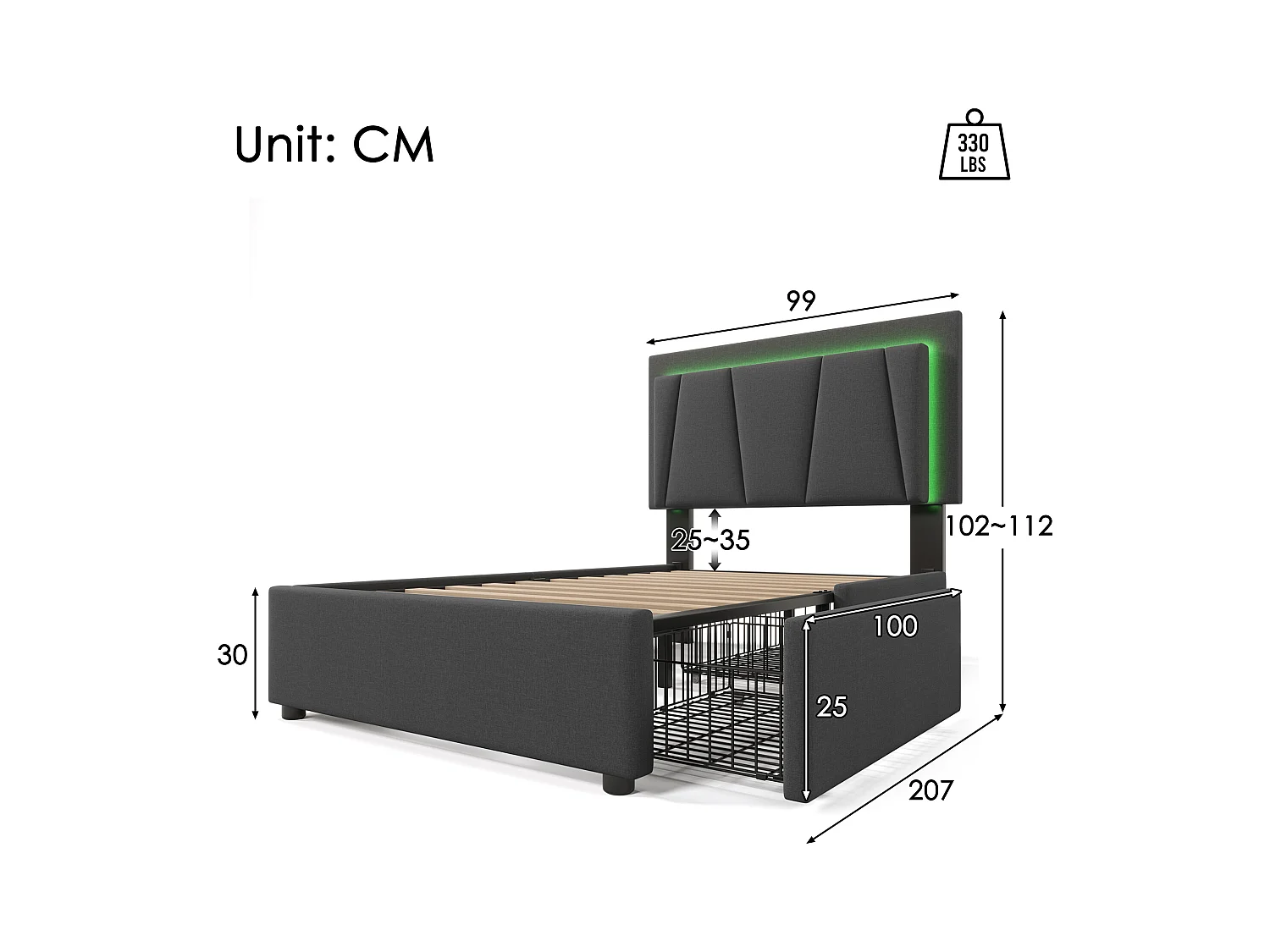 Lit simple 90x200 cm - Lit adulte avec 2 tiroirs et tête de lit réglable - Éclairage LED - gris