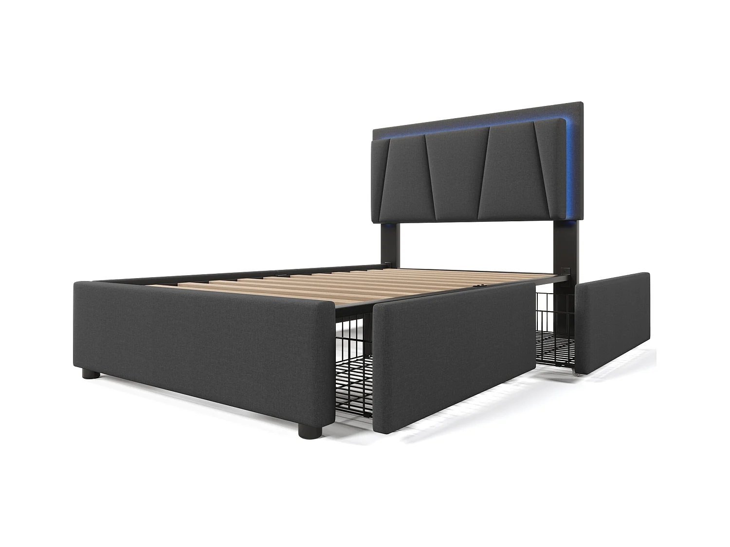 Lit simple 90x200 cm - Lit adulte avec 2 tiroirs et tête de lit réglable - Éclairage LED - gris