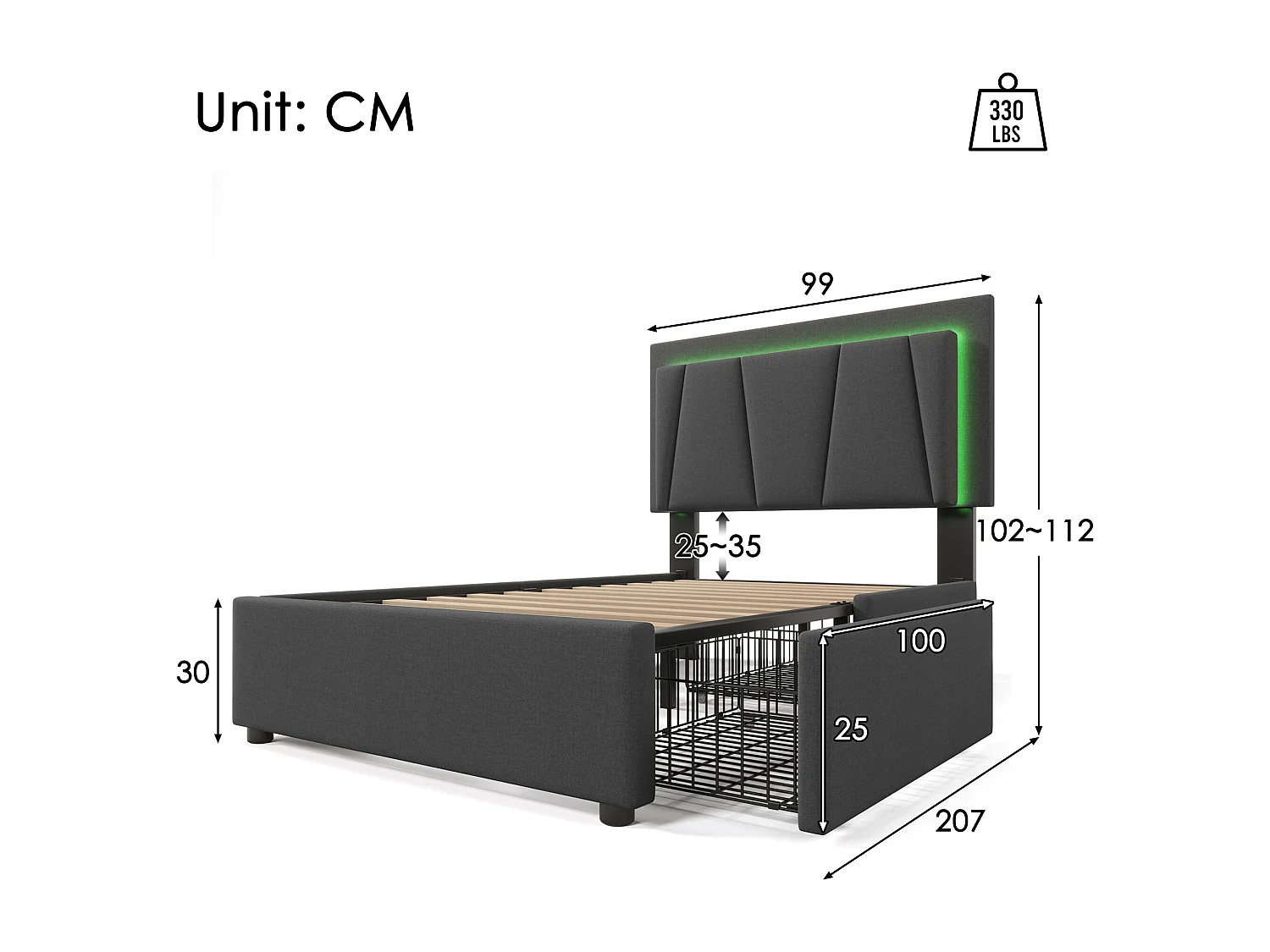 Lit simple 90x200 cm - Lit adulte avec 2 tiroirs et tête de lit réglable - Éclairage LED - gris