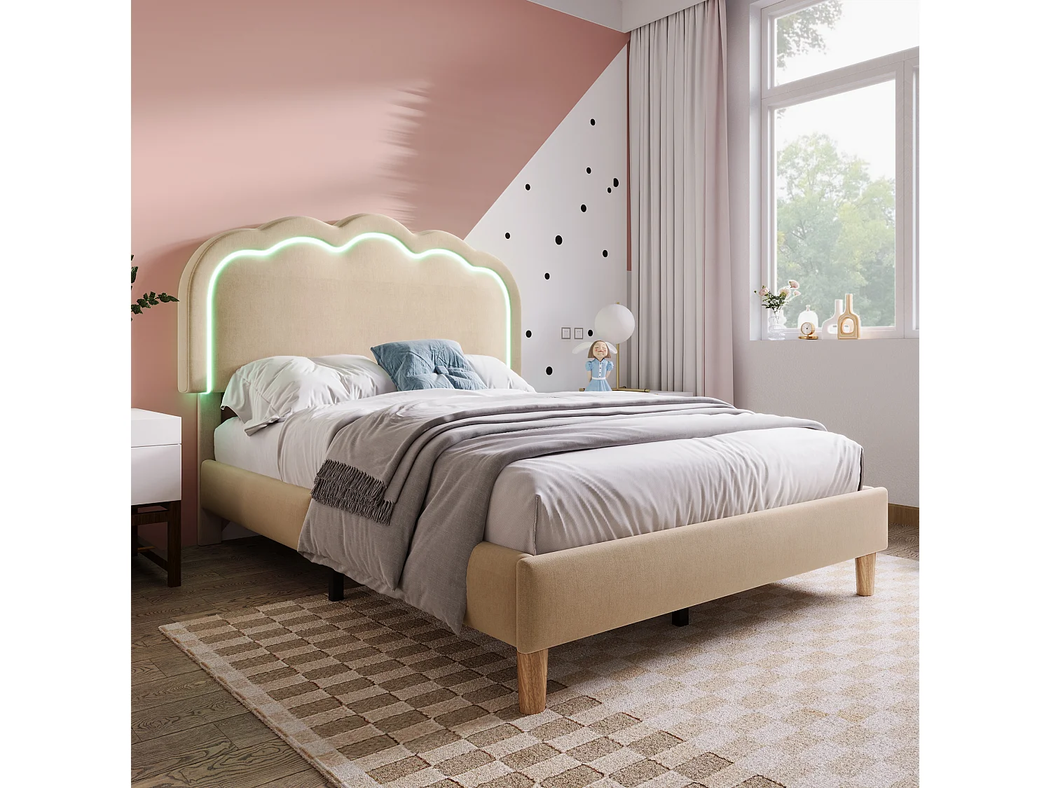Lit enfant 90x190 cm, lit simple beige avec bande LED,tête de lit réglable, lin, sans matelas