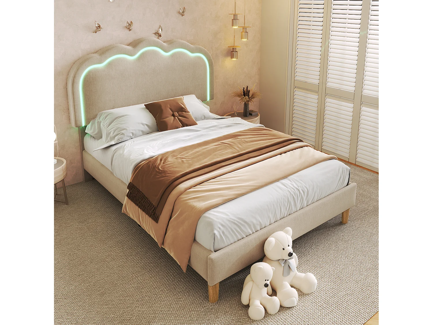Lit enfant 90x190 cm, lit simple beige avec bande LED,tête de lit réglable, lin, sans matelas