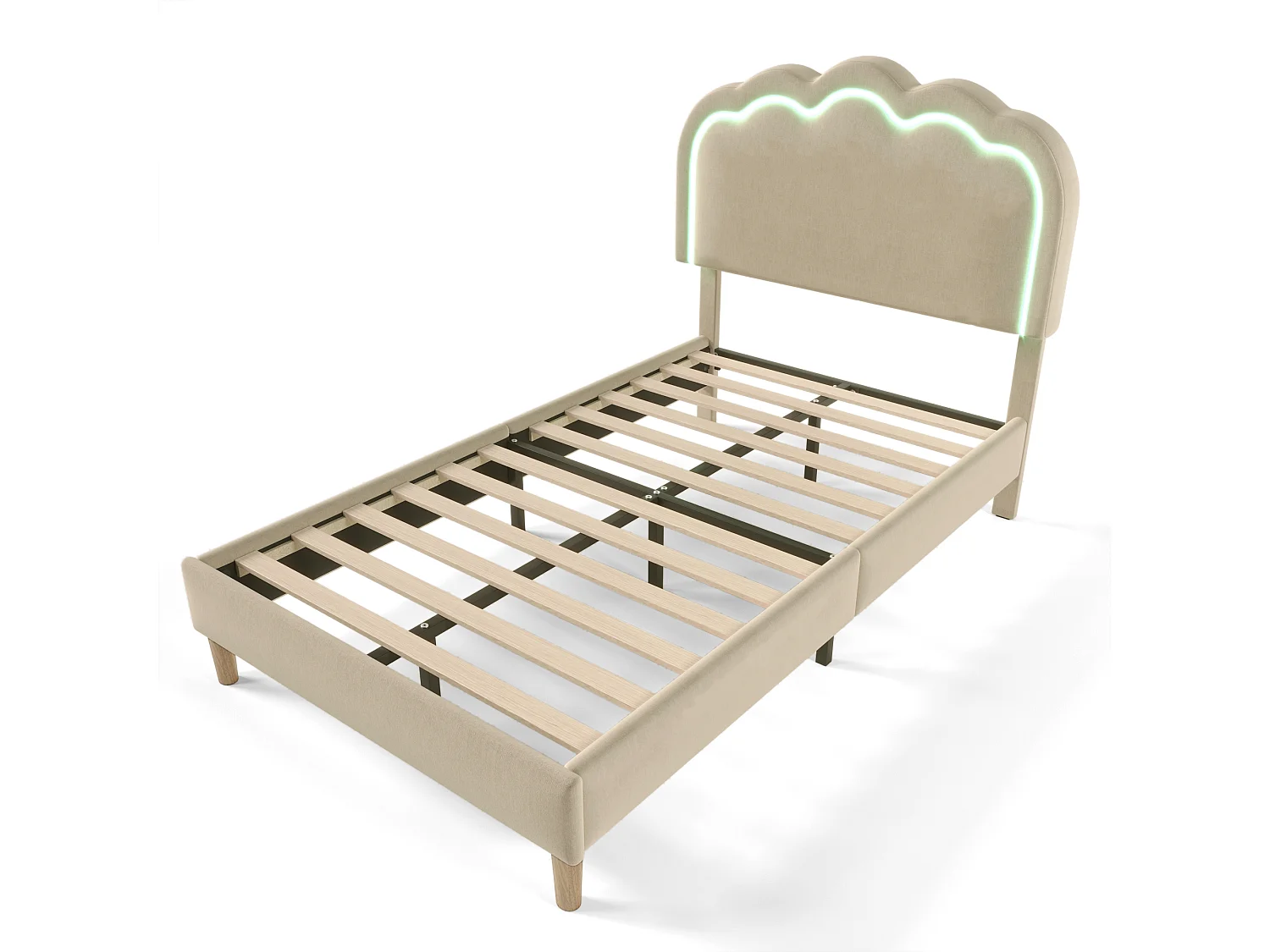 Lit enfant 90x190 cm, lit simple beige avec bande LED,tête de lit réglable, lin, sans matelas