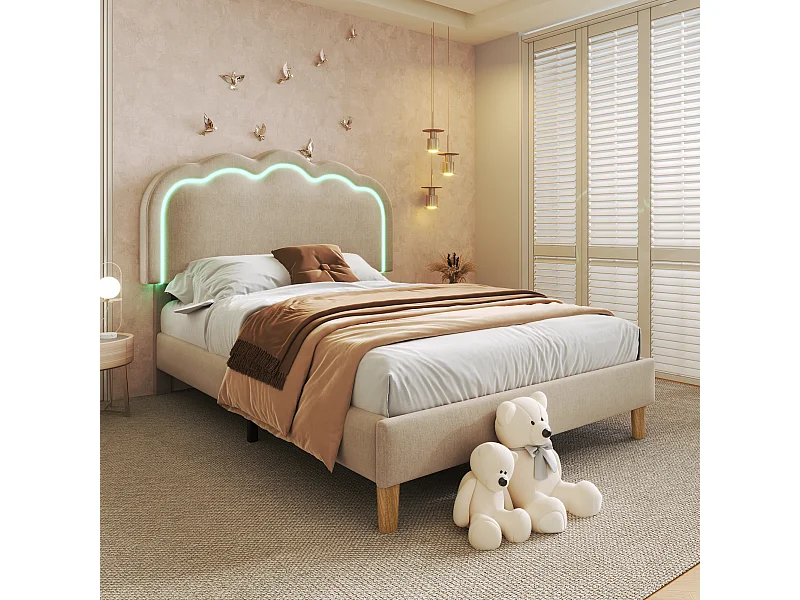 Letto per bambini 90x190 cm, letto singolo beige con striscia LED, testiera regolabile, biancheria, senza materasso