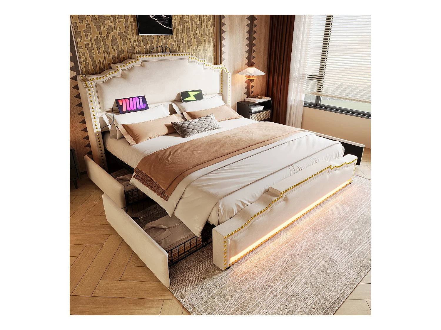 Lit double 140x200 cm - Lit adulte avec éclairage LED et recharge USB - 4 tiroirs - velours beige