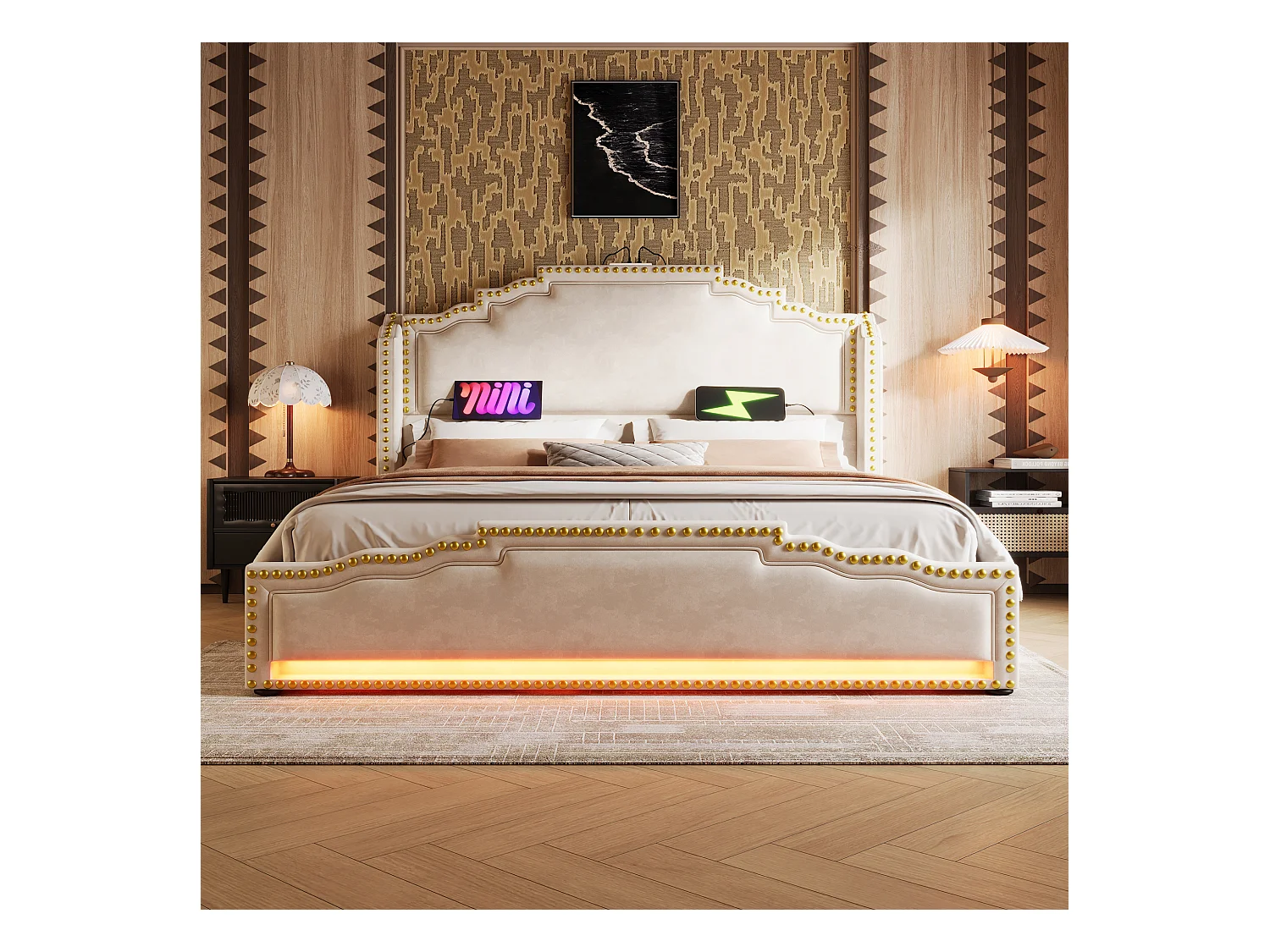 Lit double 140x200 cm - Lit adulte avec éclairage LED et recharge USB - 4 tiroirs - velours beige