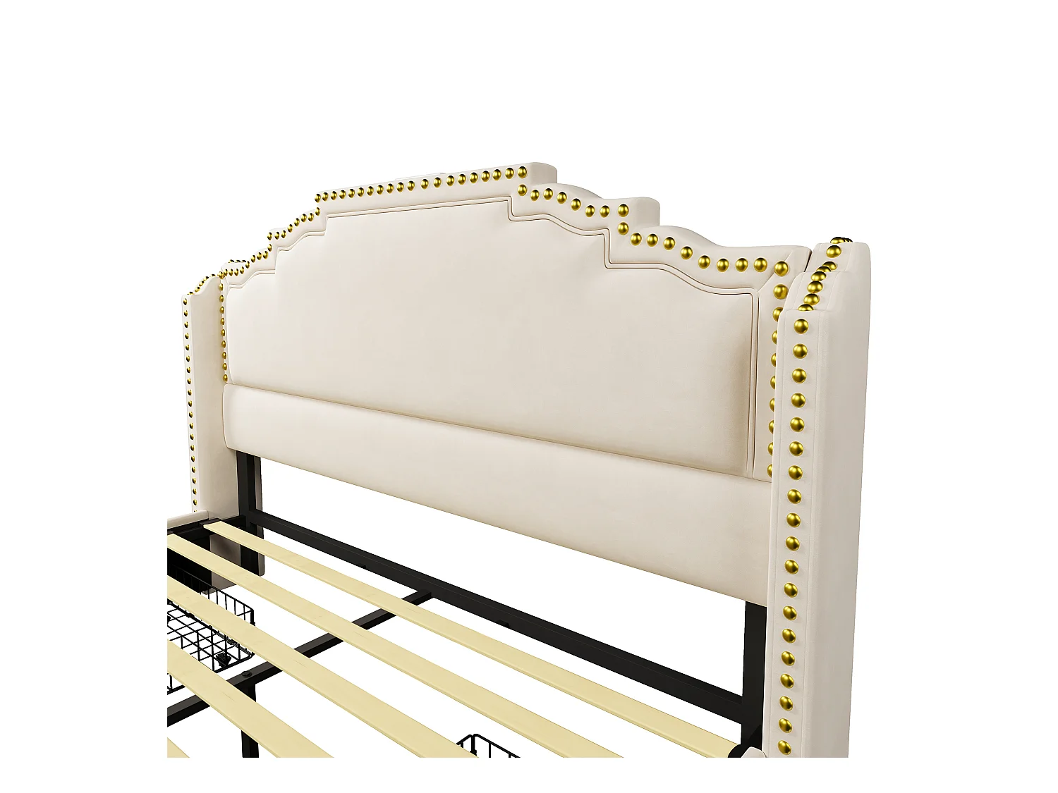 Lit double 140x200 cm - Lit adulte avec éclairage LED et recharge USB - 4 tiroirs - velours beige