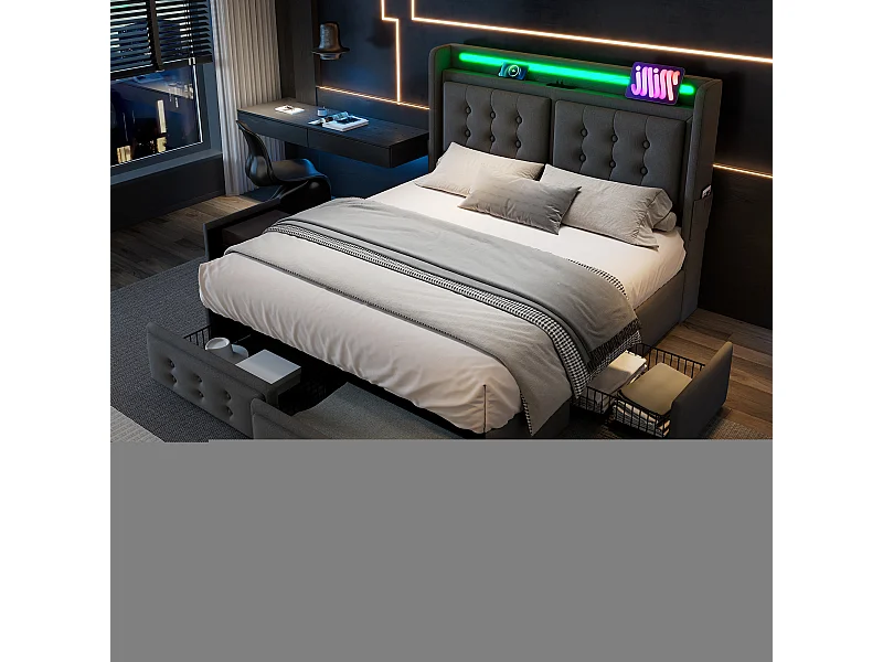 Bed 160x200 cm grijs met 4 laden, gestoffeerd tweepersoonsbed voor volwassenen, LED + USB C, zonder matras, katoen linnen