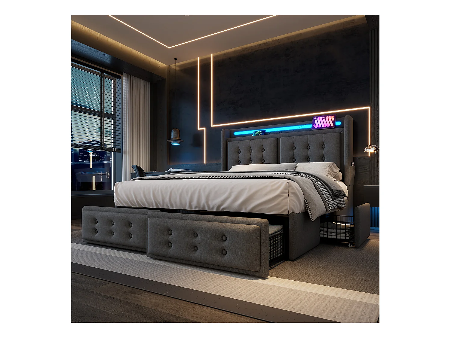 Bed 160x200 cm grijs met 4 laden, gestoffeerd tweepersoonsbed voor volwassenen, LED + USB C, zonder matras, katoen linnen