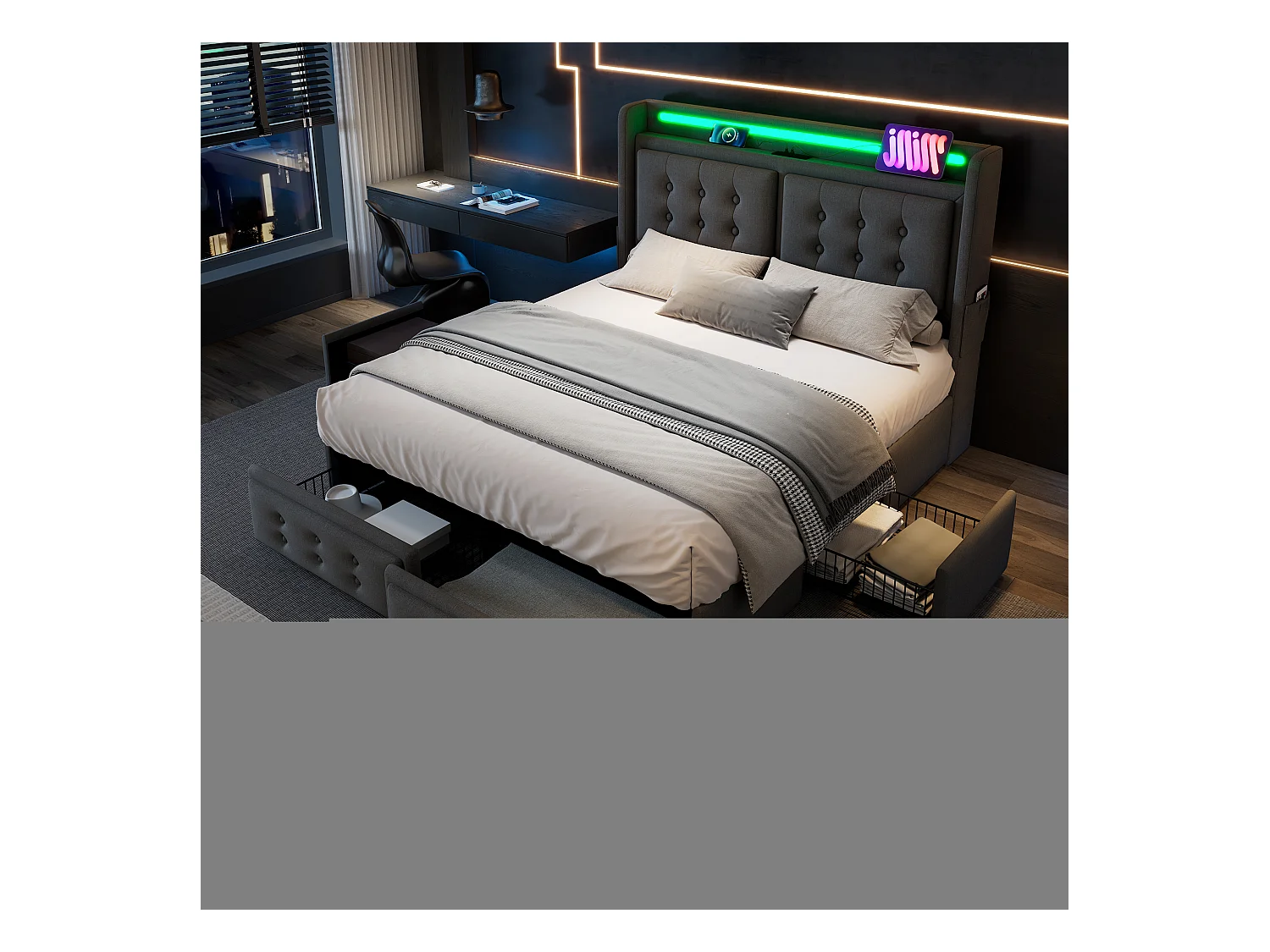Lit 160x200cm gris avec 4 tiroirs, lit adulte double rembourré, LED + USB C, sans matelas, coton lin