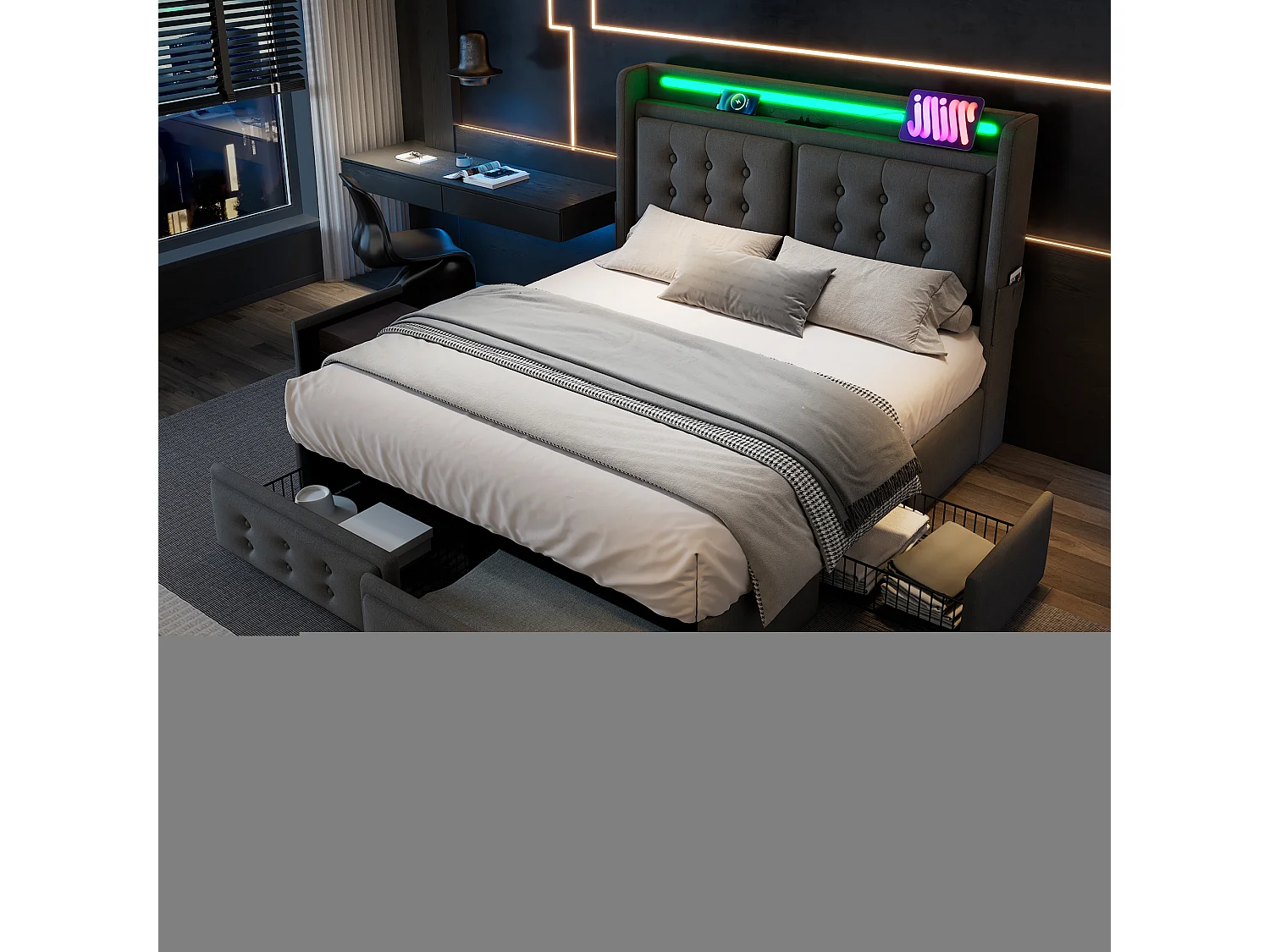 Cama 160x200 cm cinza com 4 gavetas, cama casal estofada para adultos, LED + USB C, sem colchão, algodão linho