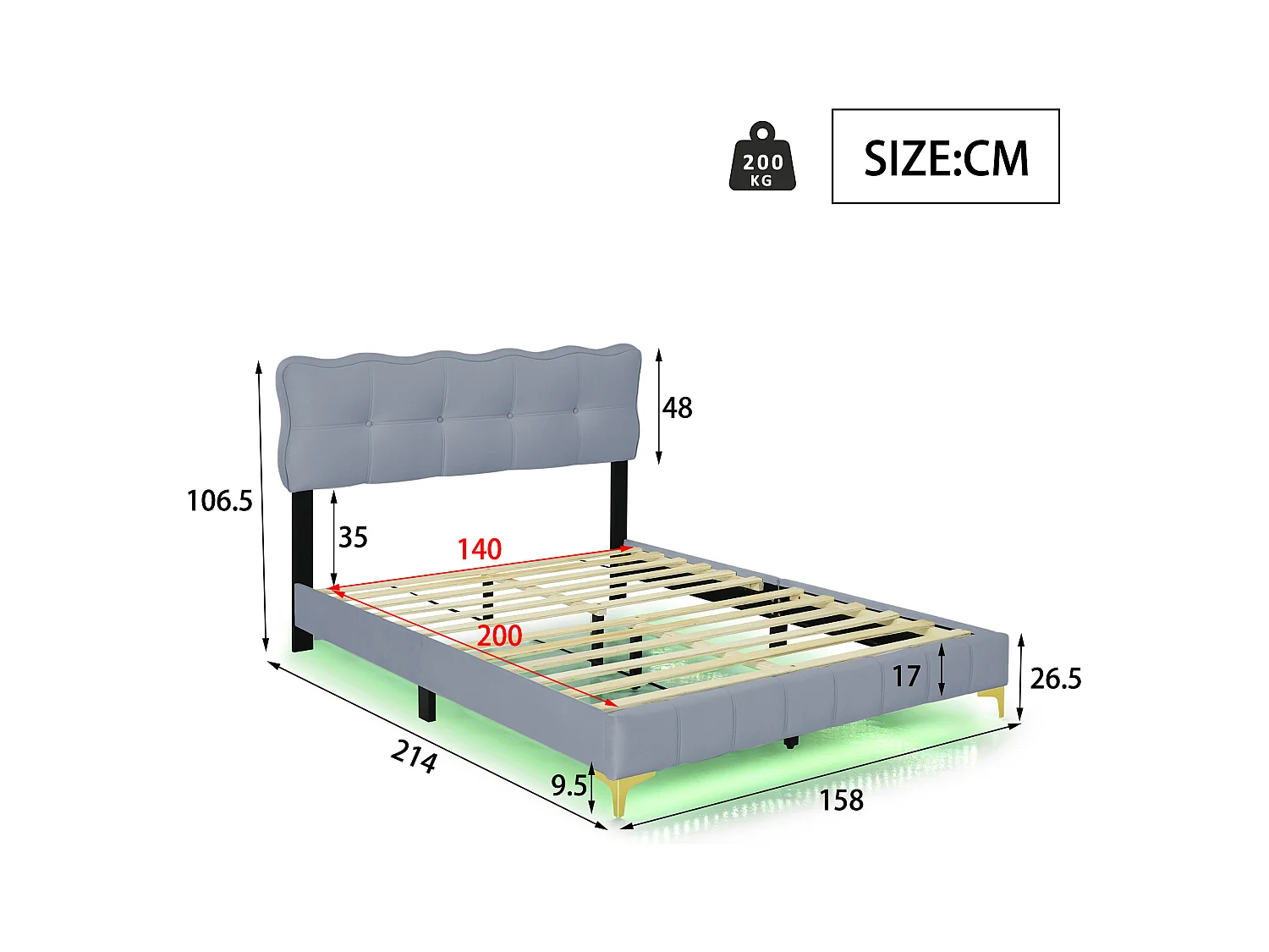 Cama casal 140x200 cm, cama adulta, iluminação LED, veludo, sem colchão - cinza