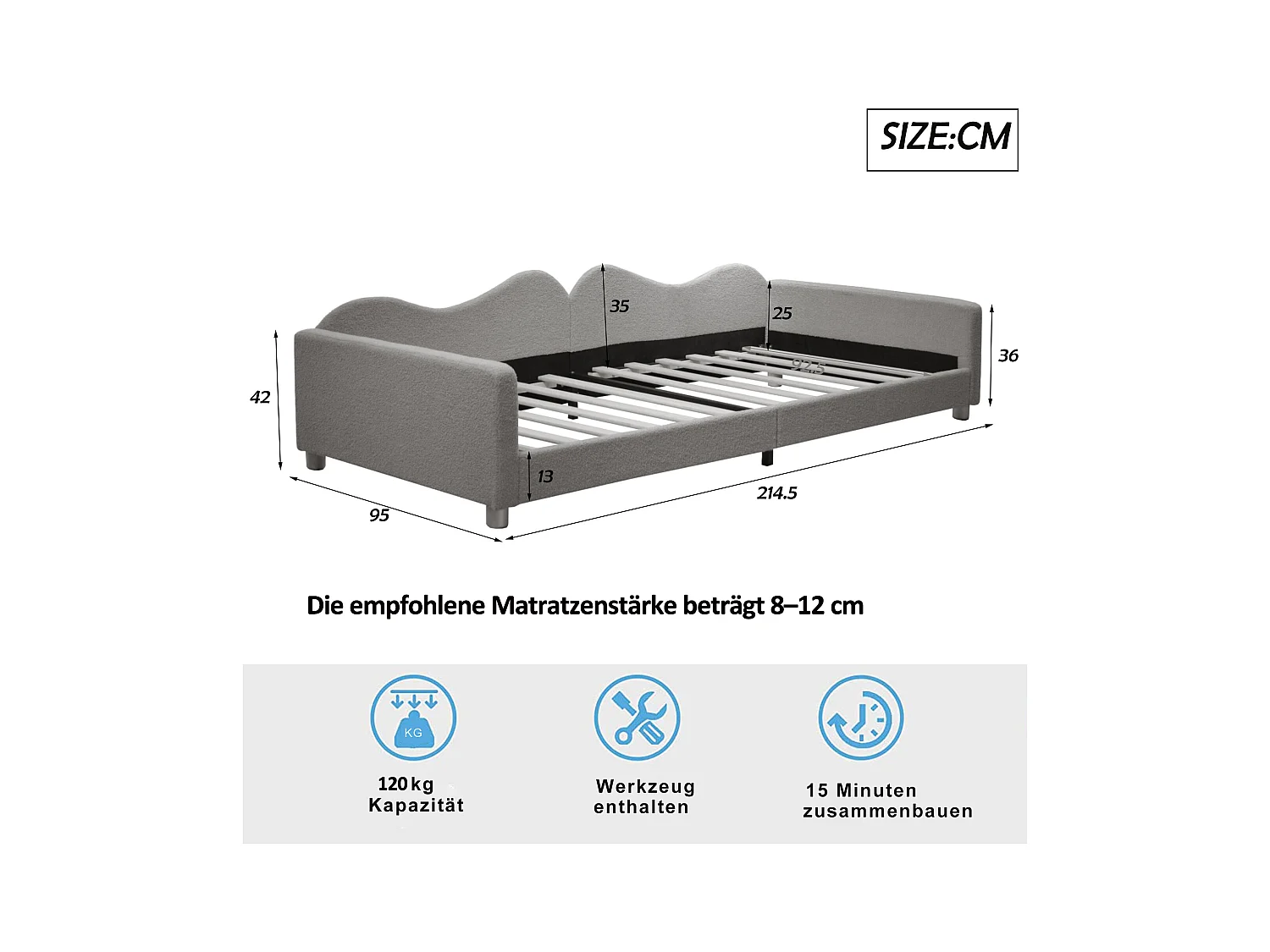 Lit enfant 90x200 cm - canapé-lit avec accoudoirs et dossier - sommier à lattes en bois - peluche gris