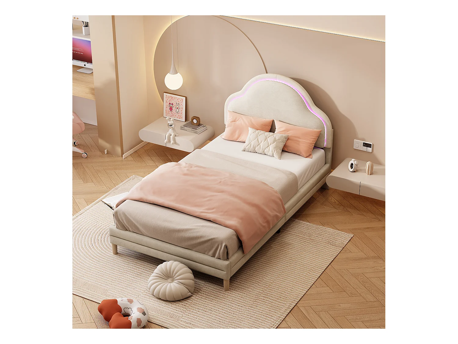 Lit simple 90x200 cm - Lit enfant avec tête de lit nuage et bande lumineuse LED - velours beige