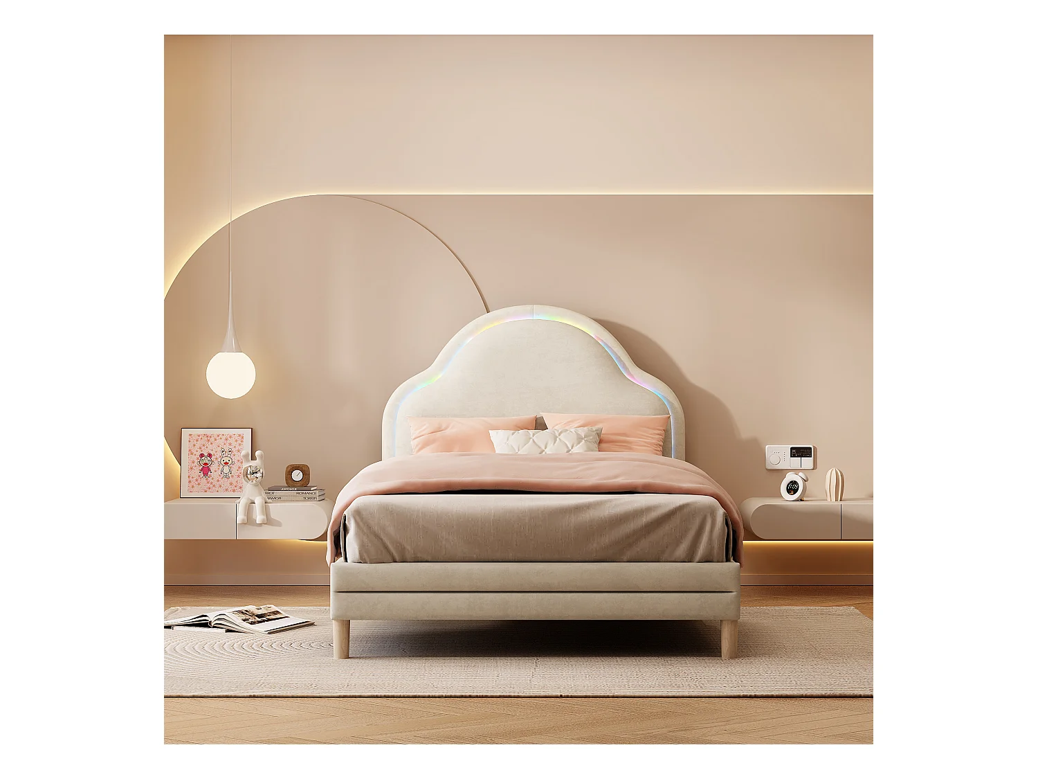 Lit simple 90x200 cm - Lit enfant avec tête de lit nuage et bande lumineuse LED - velours beige