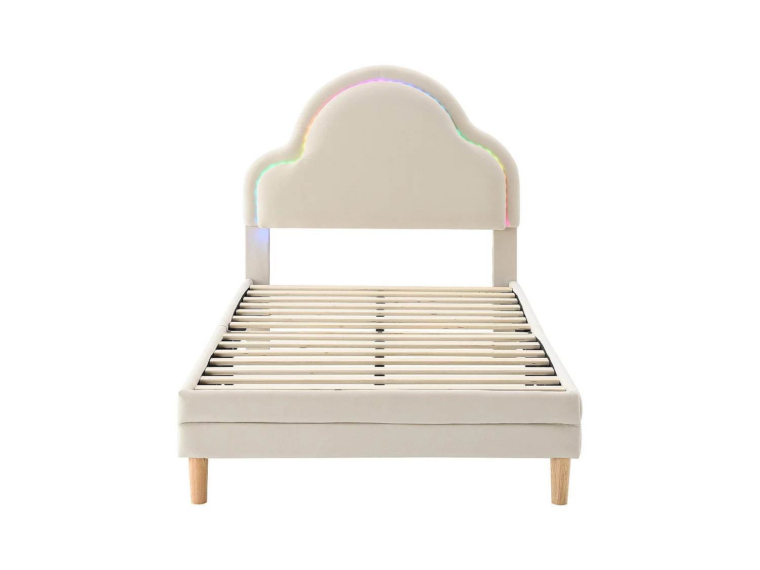 Lit simple 90x200 cm - Lit enfant avec tête de lit nuage et bande lumineuse LED - velours beige