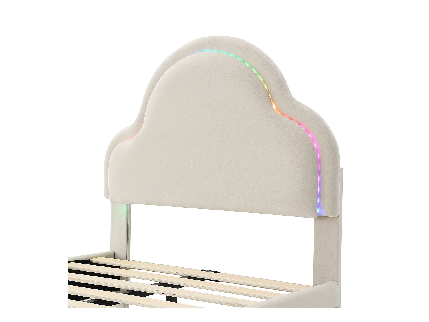 Lit simple 90x200 cm - Lit enfant avec tête de lit nuage et bande lumineuse LED - velours beige