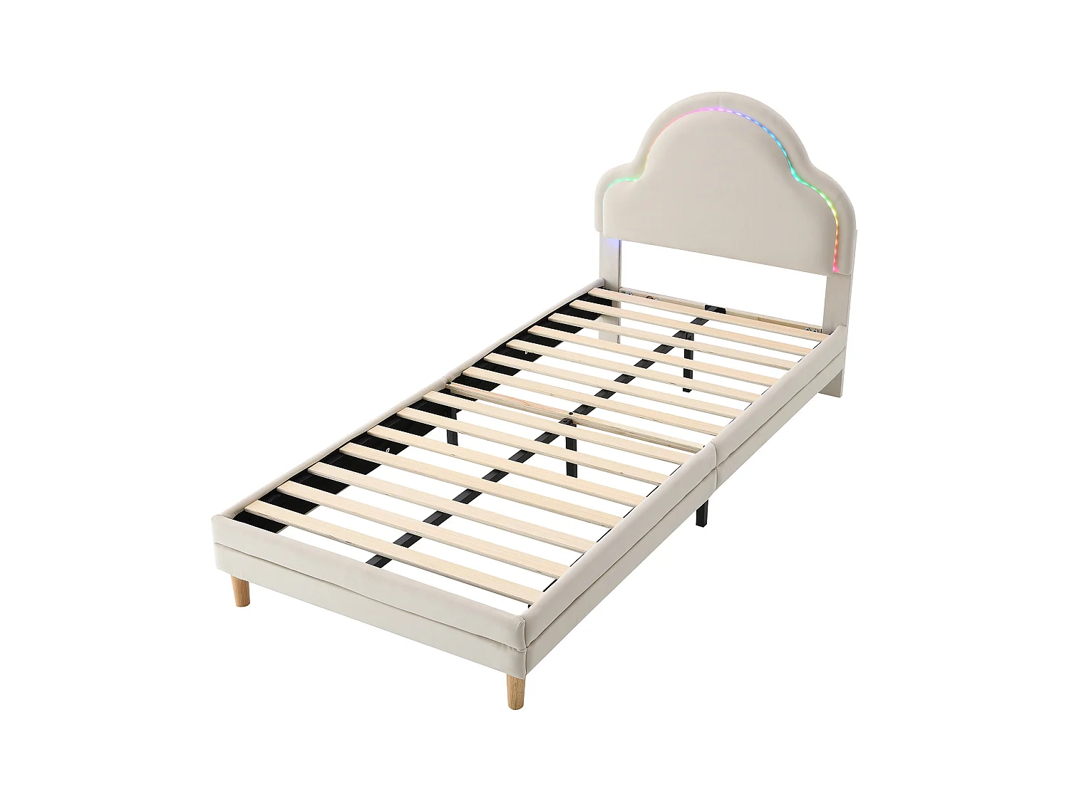 Lit simple 90x200 cm - Lit enfant avec tête de lit nuage et bande lumineuse LED - velours beige