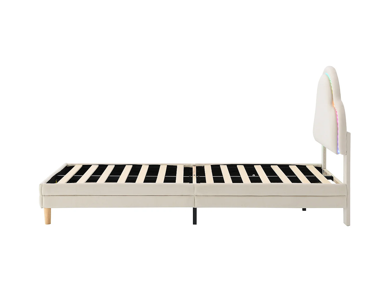 Lit simple 90x200 cm - Lit enfant avec tête de lit nuage et bande lumineuse LED - velours beige