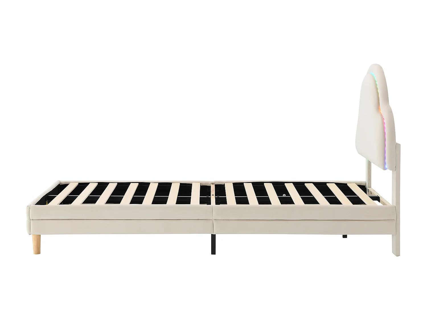 Lit simple 90x200 cm - Lit enfant avec tête de lit nuage et bande lumineuse LED - velours beige