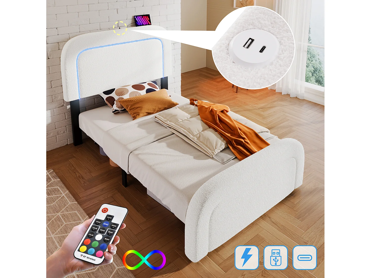 Letto singolo 90x200 cm - Letto imbottito con LED e ricarica USB - Testiera regolabile - Tessuto Sherpa bianco