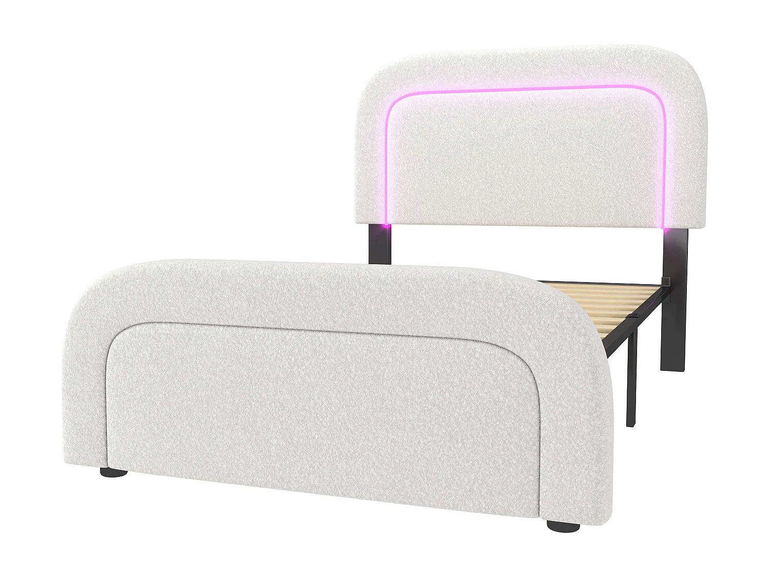 Lit simple 90x200 cm - Lit ado avec LED et recharge USB - tête de lit réglable - tissu Sherpa blanc