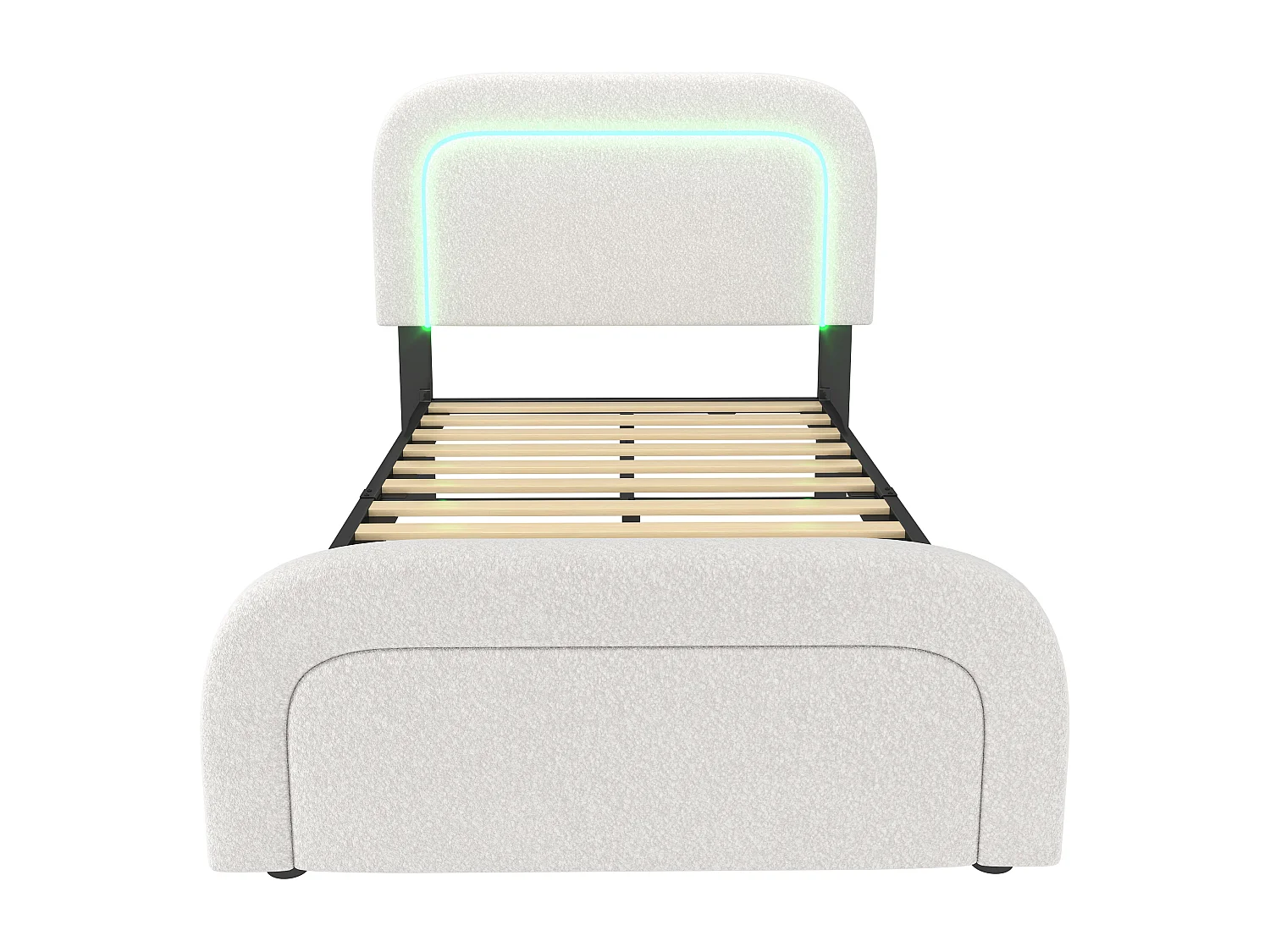 Lit simple 90x200 cm - Lit ado avec LED et recharge USB - tête de lit réglable - tissu Sherpa blanc