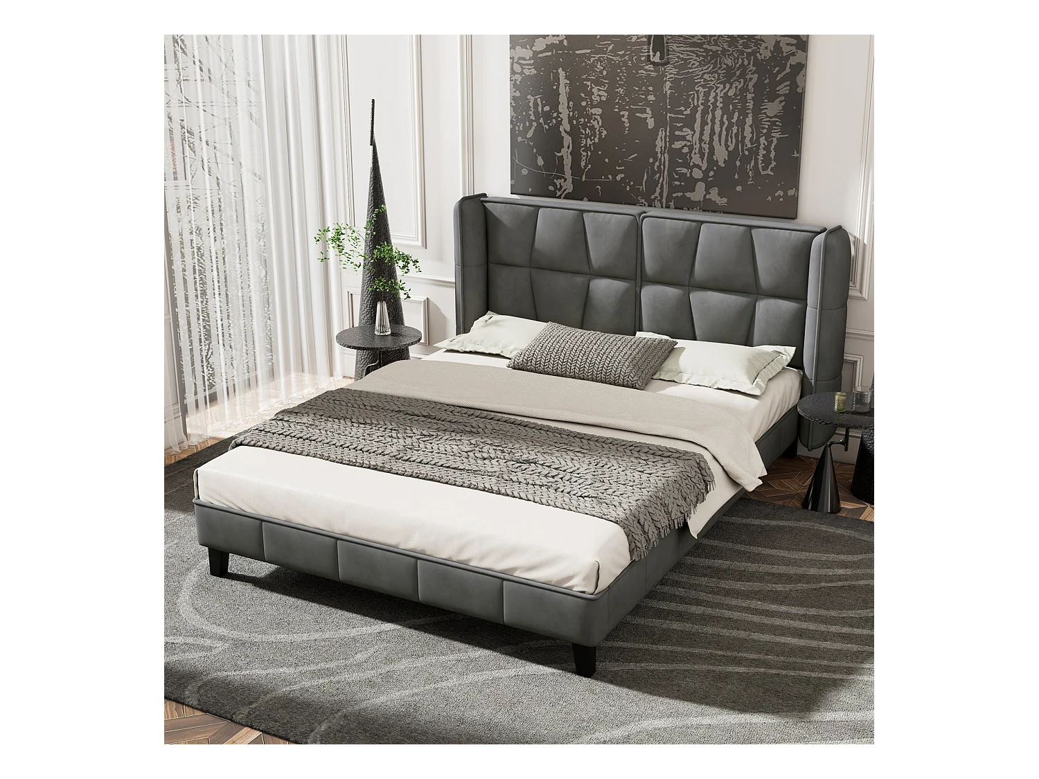Cama tapizada 140x200 cm - Cama adulto con somier de láminas de madera y cabecero tapizado - terciopelo gris