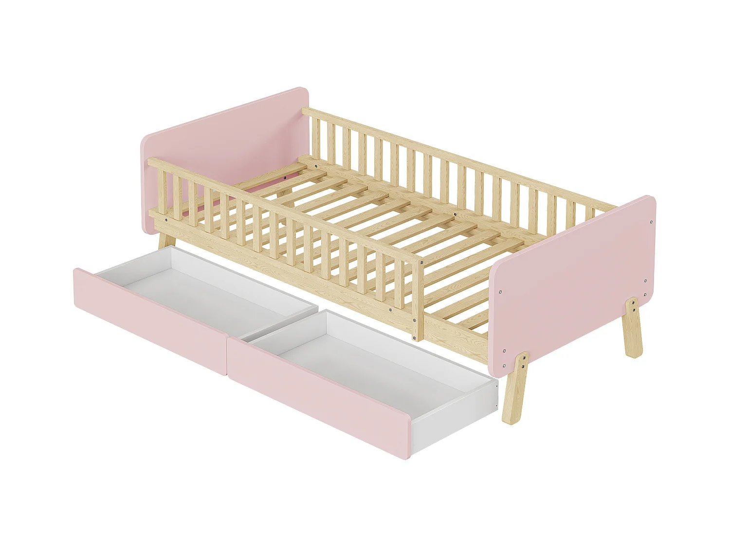 Lit enfant 90x190 cm rose avec 2 tiroirs, lit simple en bois, sommier à lattes, sans matelas