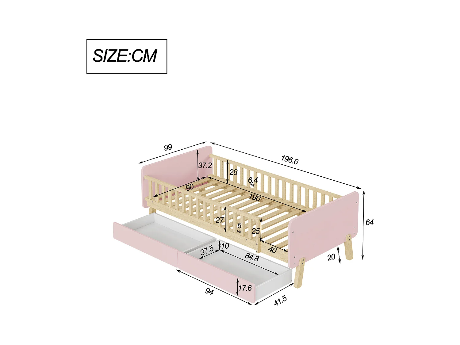 Lit enfant 90x190 cm rose avec 2 tiroirs, lit simple en bois, sommier à lattes, sans matelas