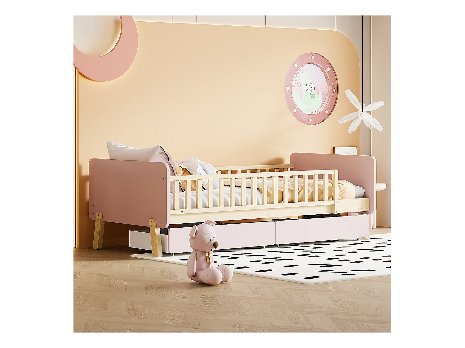 Lit enfant 90x190 cm rose avec 2 tiroirs, lit simple en bois, sommier à lattes, sans matelas