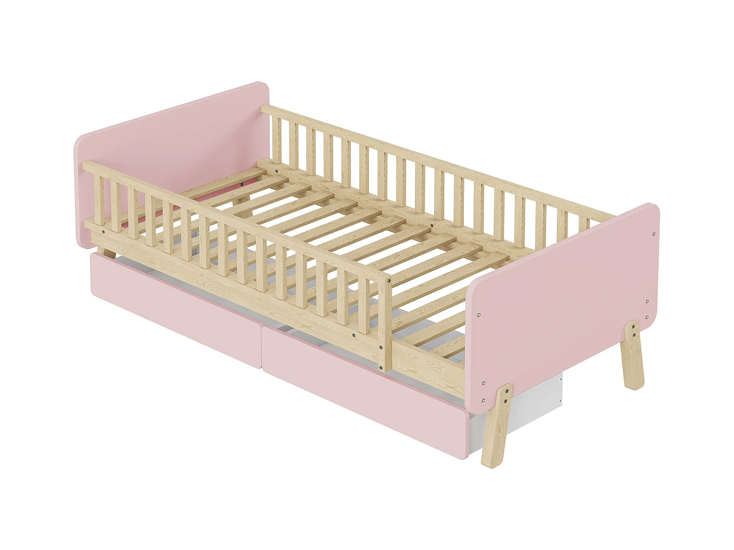 Lit enfant 90x190 cm rose avec 2 tiroirs, lit simple en bois, sommier à lattes, sans matelas