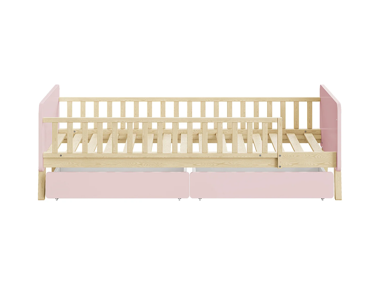 Lit enfant 90x190 cm rose avec 2 tiroirs, lit simple en bois, sommier à lattes, sans matelas