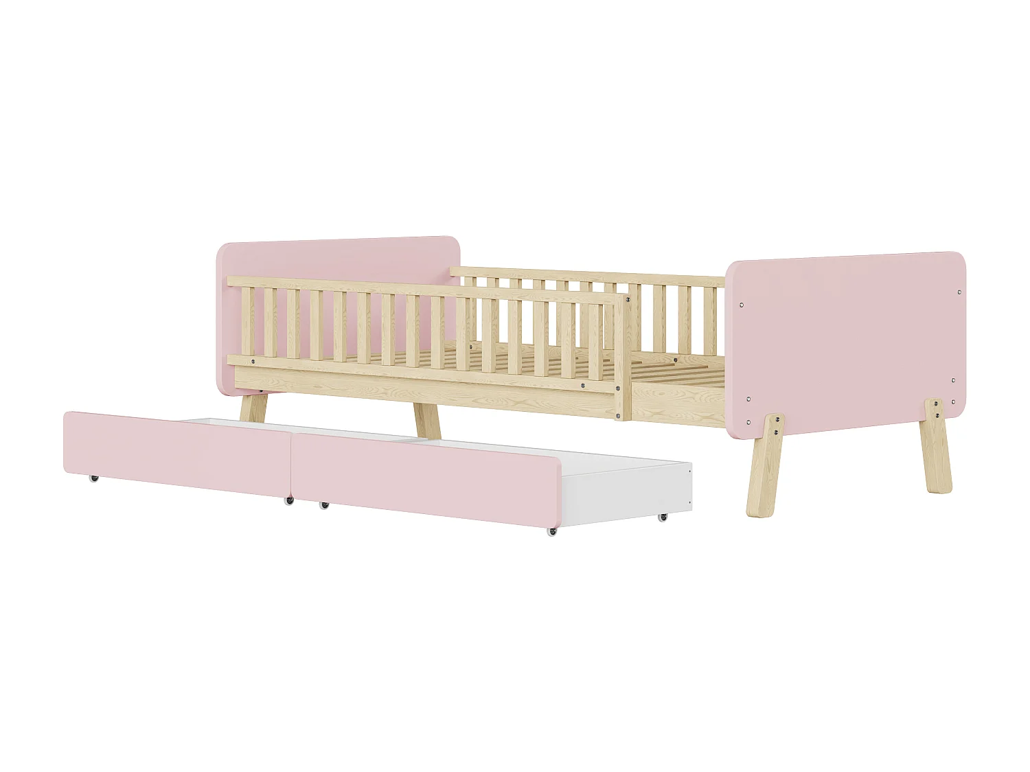 Lit enfant 90x190 cm rose avec 2 tiroirs, lit simple en bois, sommier à lattes, sans matelas