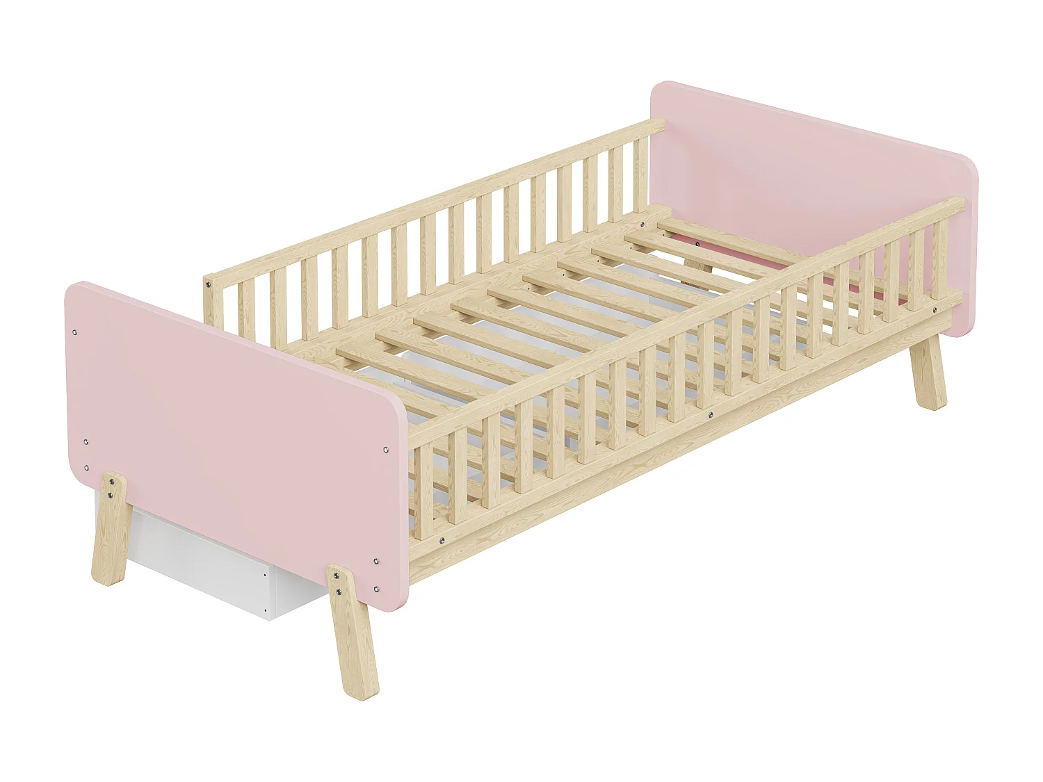 Lit enfant 90x190 cm rose avec 2 tiroirs, lit simple en bois, sommier à lattes, sans matelas
