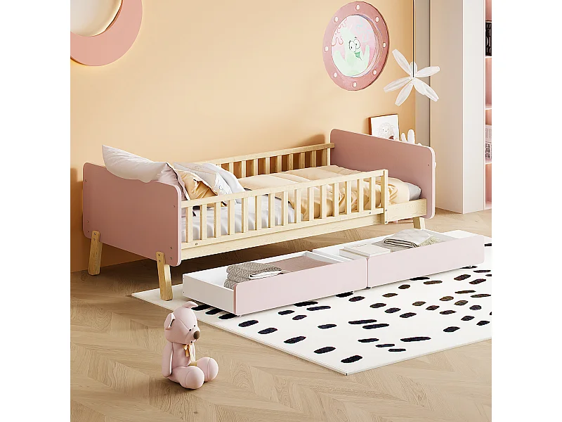 Lit enfant 90x190 cm rose avec 2 tiroirs, lit simple en bois, sommier à lattes, sans matelas