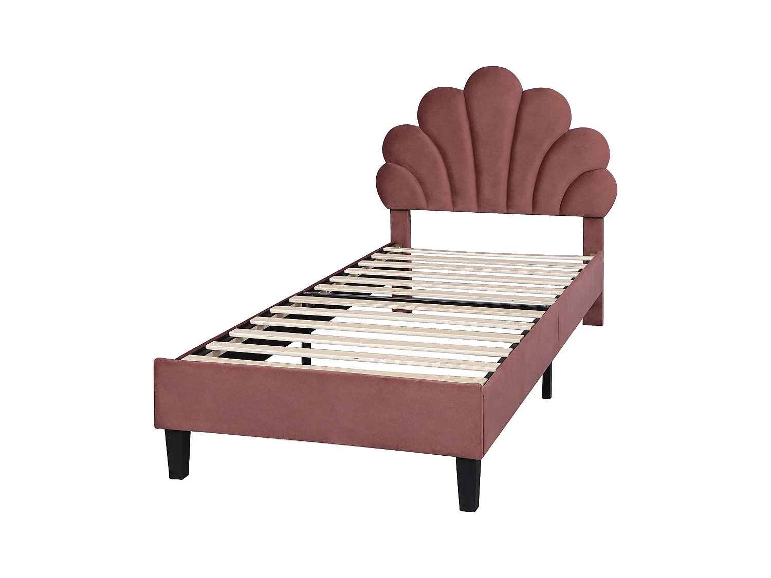 Lit enfant simple 90x200cm rouge, tête de lit fleurie en velours, sans matelas