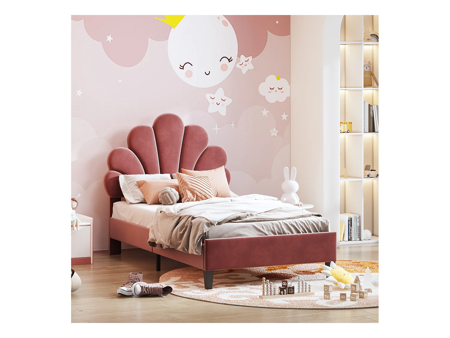 Lit enfant simple 90x200cm rouge, tête de lit fleurie en velours, sans matelas