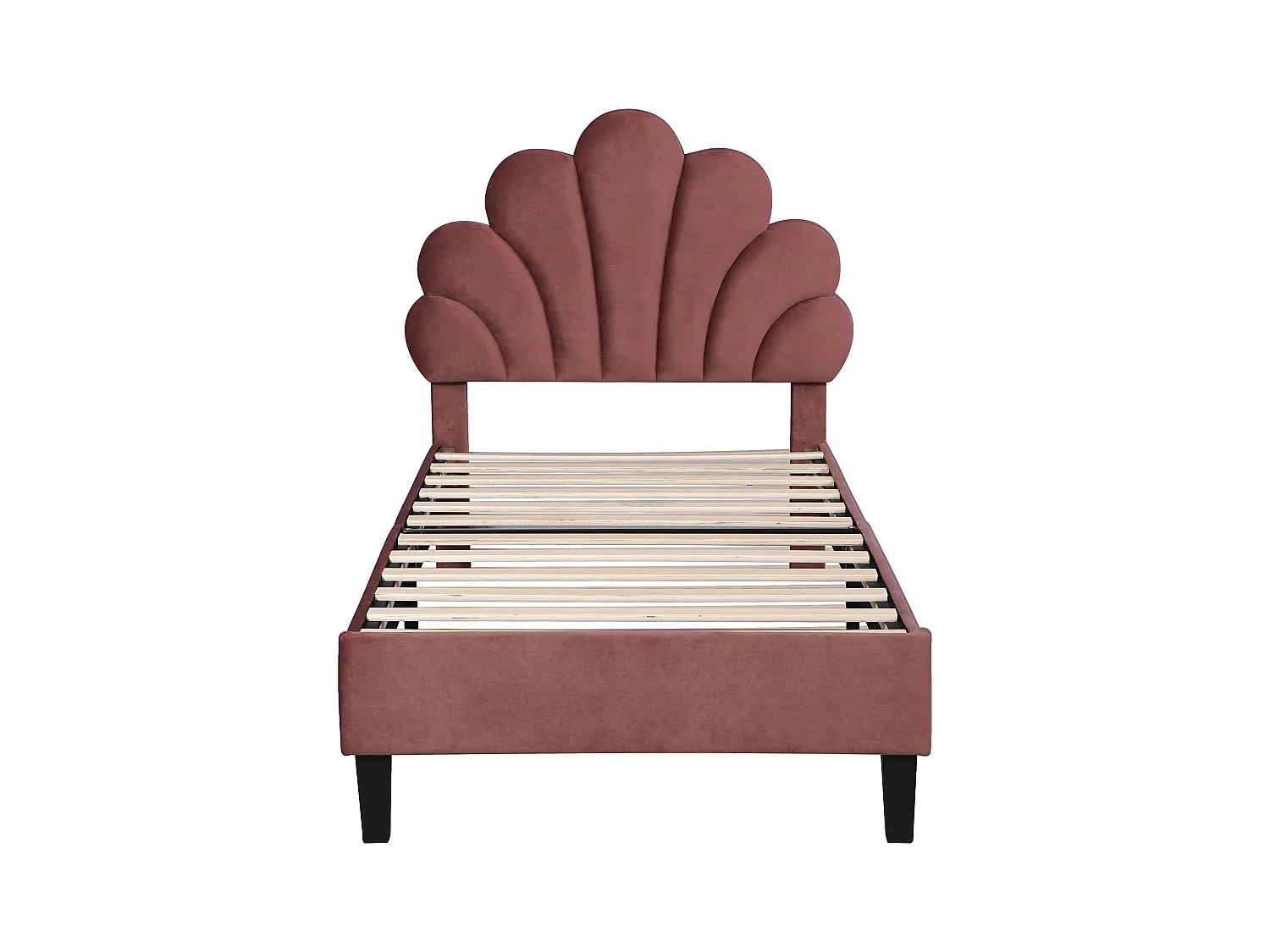 Lit enfant simple 90x200cm rouge, tête de lit fleurie en velours, sans matelas