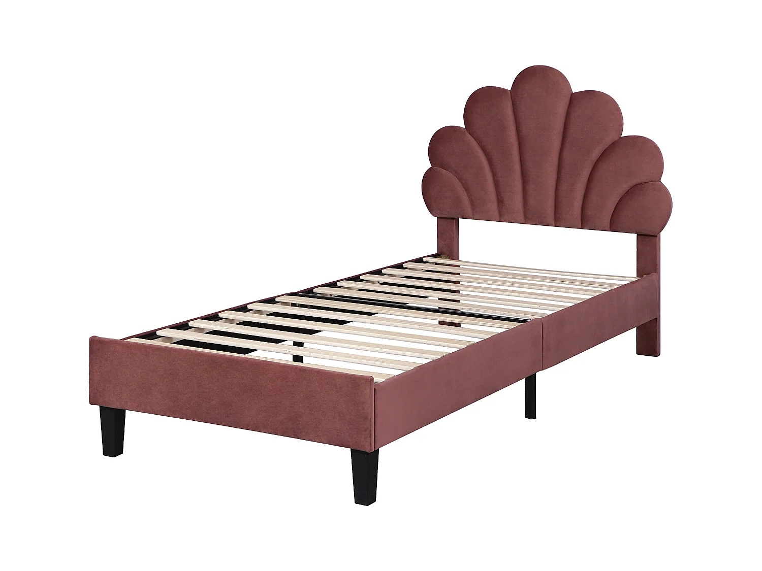 Lit enfant simple 90x200cm rouge, tête de lit fleurie en velours, sans matelas