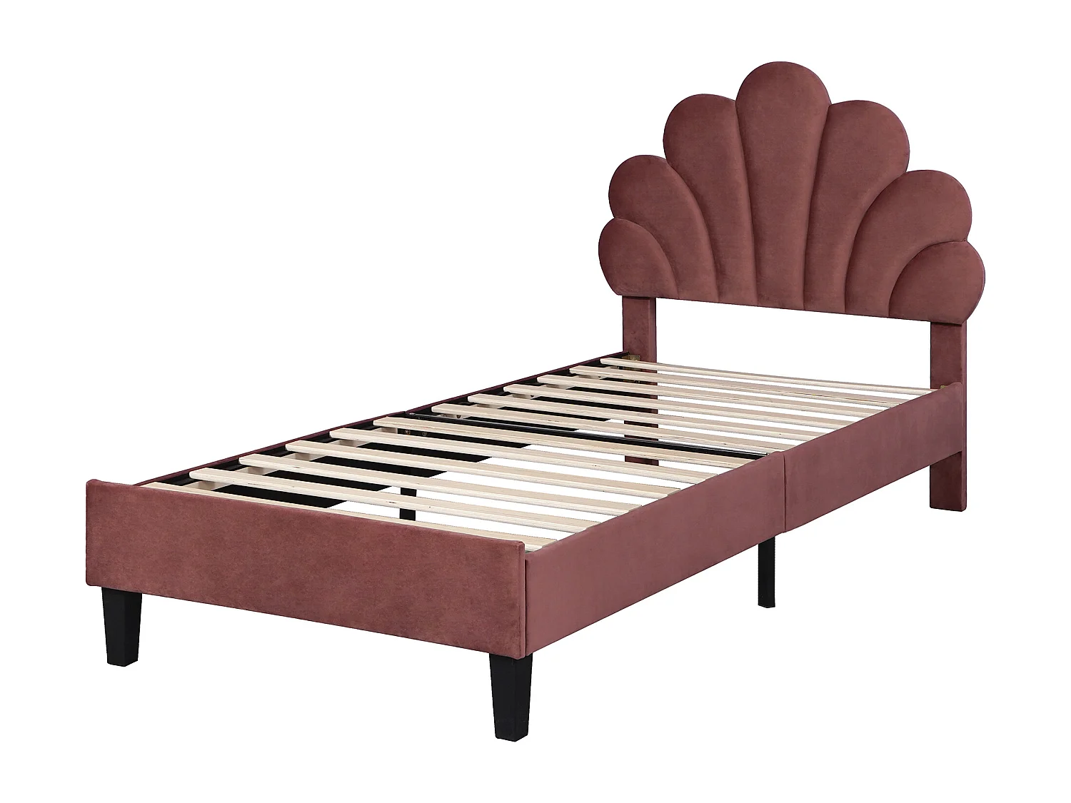Lit enfant simple 90x200cm rouge, tête de lit fleurie en velours, sans matelas