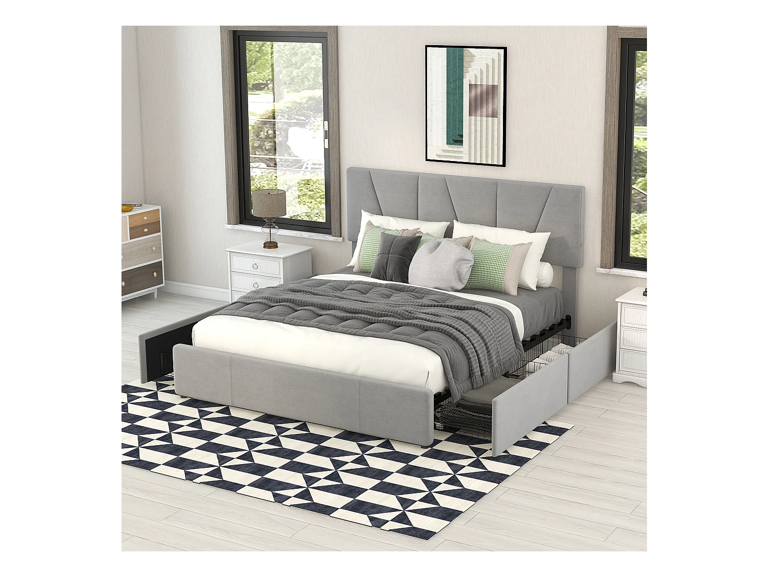 Lit double 140x200 cm - Lit adulte avec 4 tiroirs et tête de lit réglable - velours gris